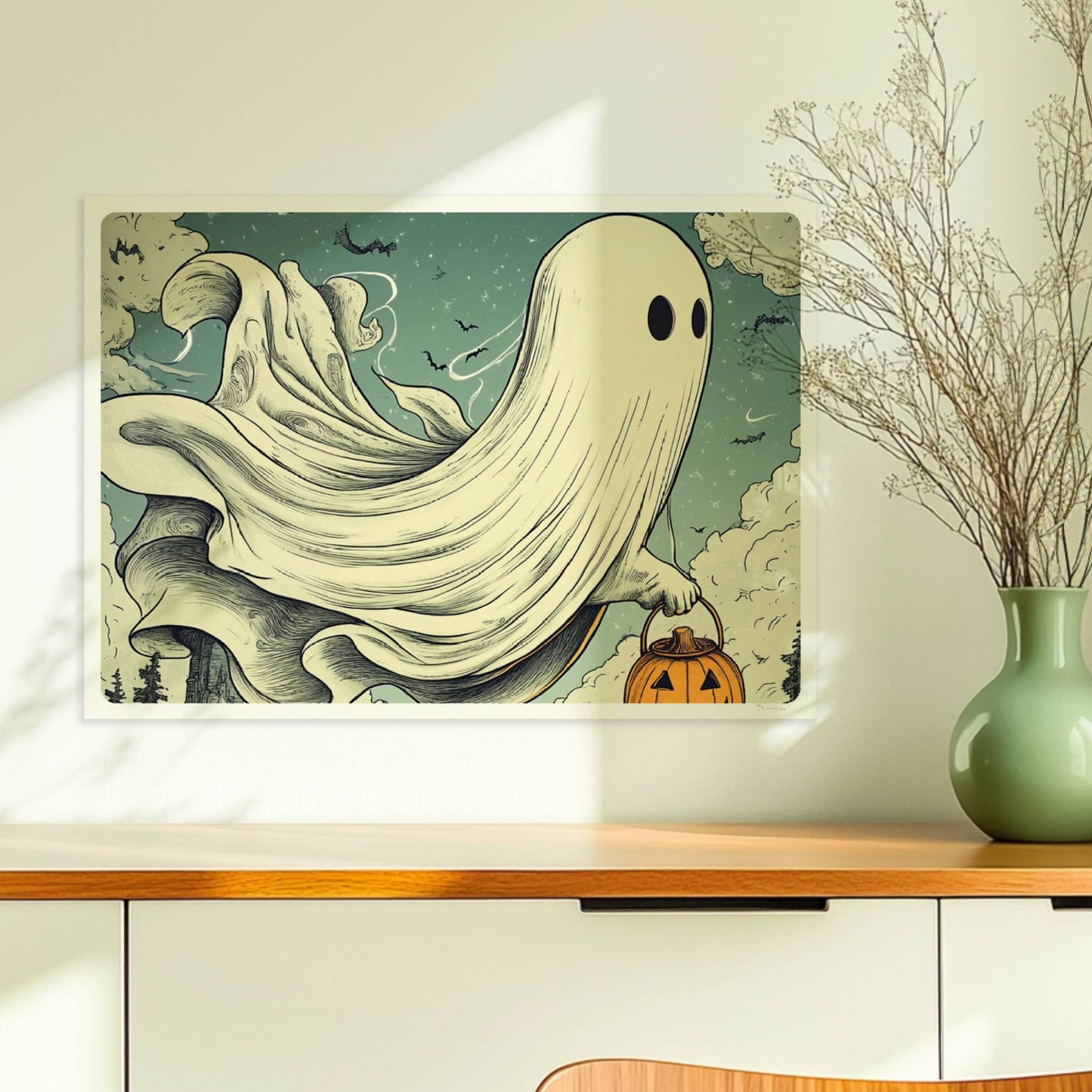 Ein Geist mit leuchtendem Kürbiskorb gleitet über einen nebligen Pfad im Wald, geheimnisvoll und verspielt.. Ohne Rahmen 70x50