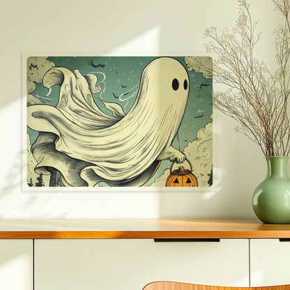 Ein Geist mit leuchtendem Kürbiskorb gleitet über einen nebligen Pfad im Wald, geheimnisvoll und verspielt.. Ohne Rahmen 70x50