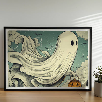 Ein Geist mit leuchtendem Kürbiskorb gleitet über einen nebligen Pfad im Wald, geheimnisvoll und verspielt.. Rahmen schwarz 70x50