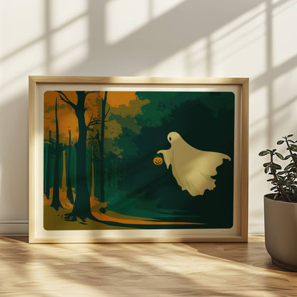 Ein süßes Geistwesen fliegt durch einen herbstlich beleuchteten Wald mit orangefarbenem Licht.. Rahmen natur 40x30