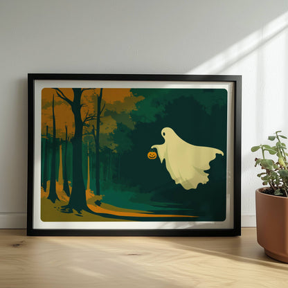 Ein süßes Geistwesen fliegt durch einen herbstlich beleuchteten Wald mit orangefarbenem Licht.. Rahmen schwarz 40x30