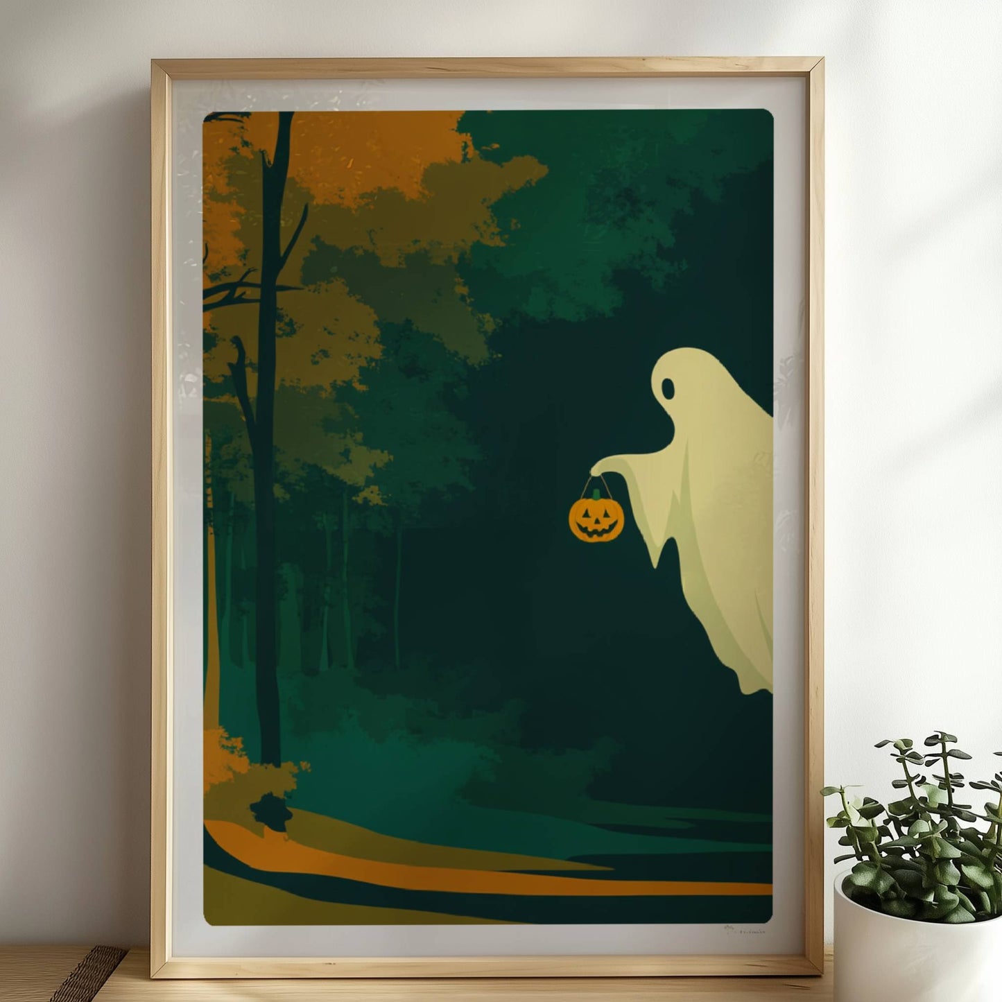 Ein süßes Geistwesen fliegt durch einen herbstlich beleuchteten Wald mit orangefarbenem Licht.. Rahmen natur 50x70