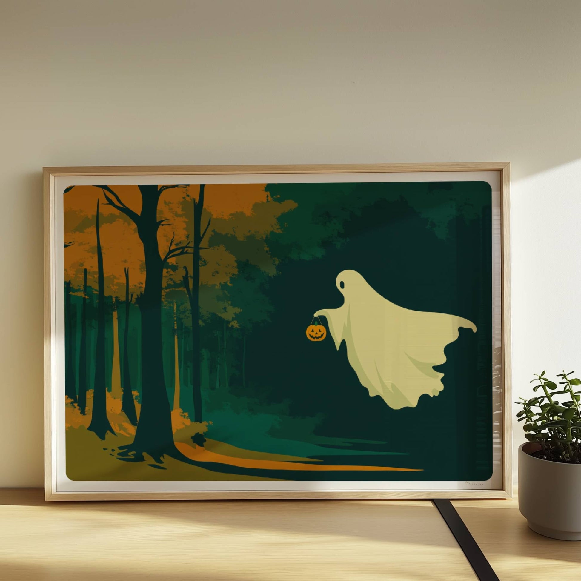 Ein süßes Geistwesen fliegt durch einen herbstlich beleuchteten Wald mit orangefarbenem Licht.. Rahmen natur 70x50