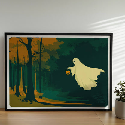 Ein süßes Geistwesen fliegt durch einen herbstlich beleuchteten Wald mit orangefarbenem Licht.. Rahmen schwarz 70x50