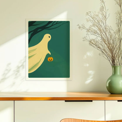 Ein sanft leuchtender Geist gleitet über einen ruhigen nächtlichen Wald, hält einen kleinen Kürbis.. Ohne Rahmen 30x40