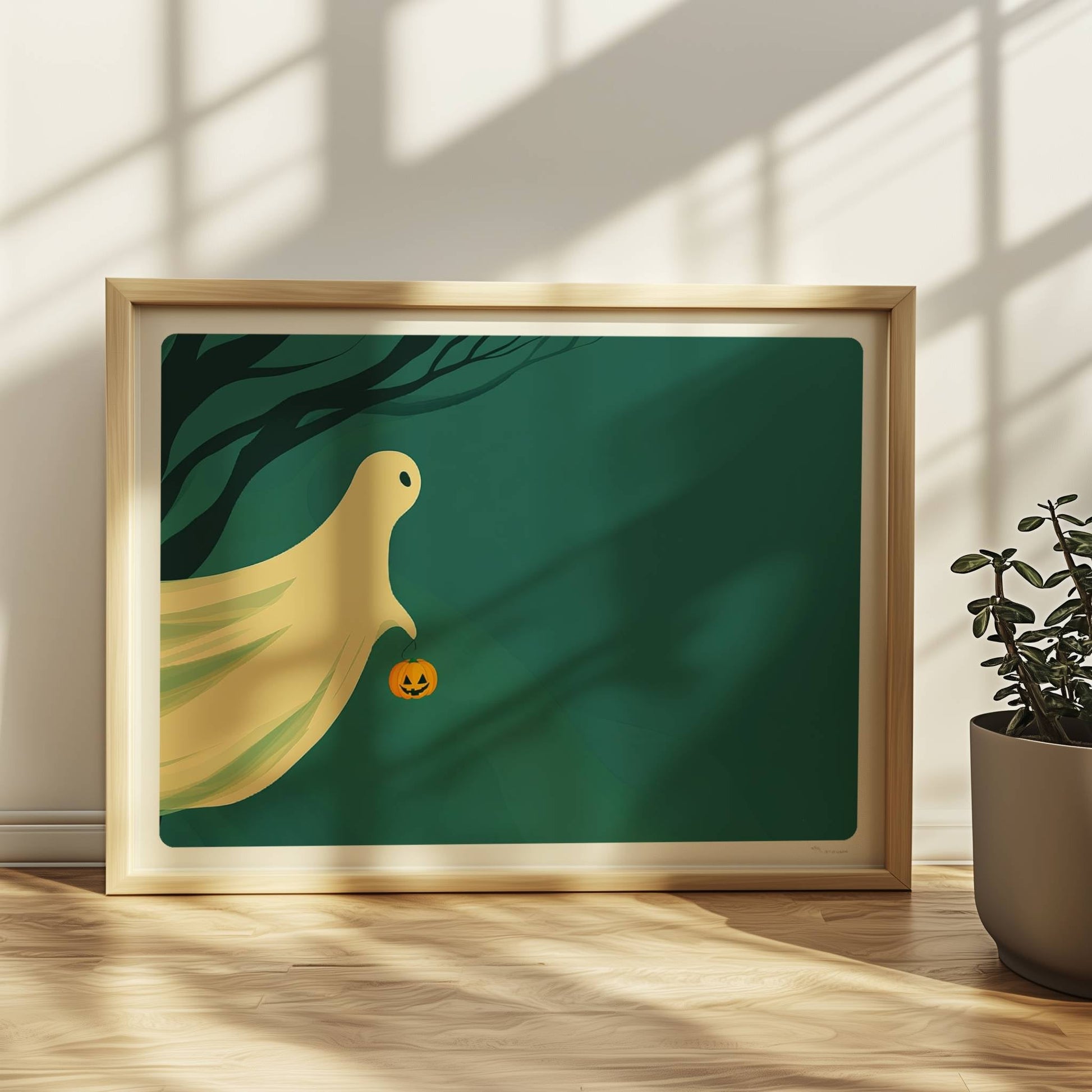 Ein sanft leuchtender Geist gleitet über einen ruhigen nächtlichen Wald, hält einen kleinen Kürbis.. Rahmen natur 40x30