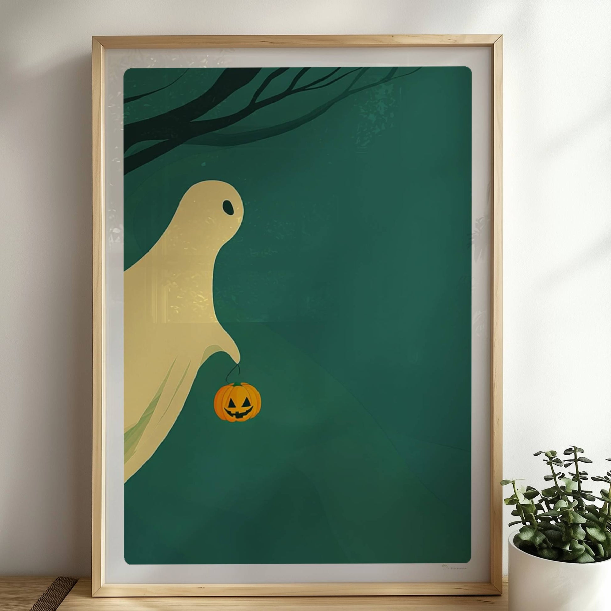Ein sanft leuchtender Geist gleitet über einen ruhigen nächtlichen Wald, hält einen kleinen Kürbis.. Rahmen natur 50x70
