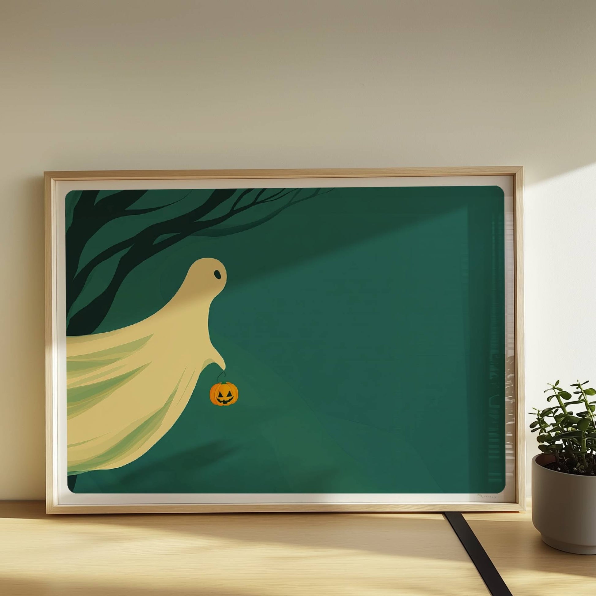 Ein sanft leuchtender Geist gleitet über einen ruhigen nächtlichen Wald, hält einen kleinen Kürbis.. Rahmen natur 70x50