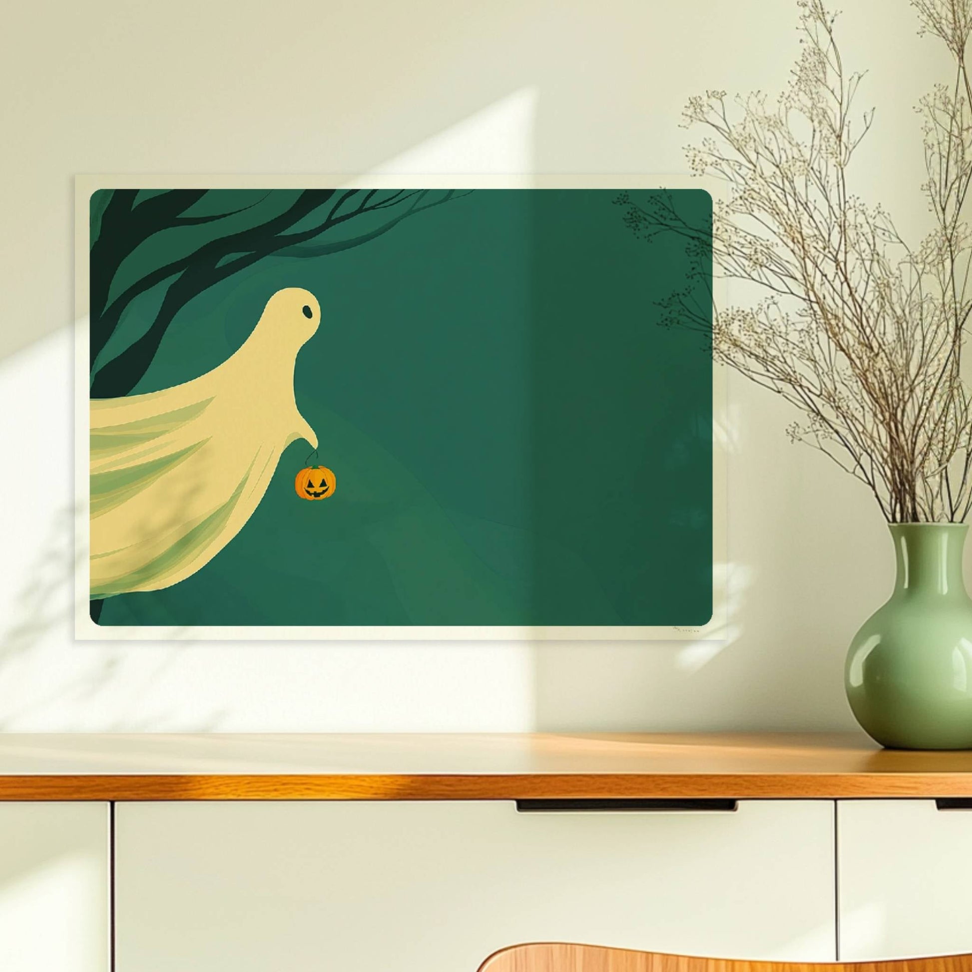 Ein sanft leuchtender Geist gleitet über einen ruhigen nächtlichen Wald, hält einen kleinen Kürbis.. Ohne Rahmen 70x50