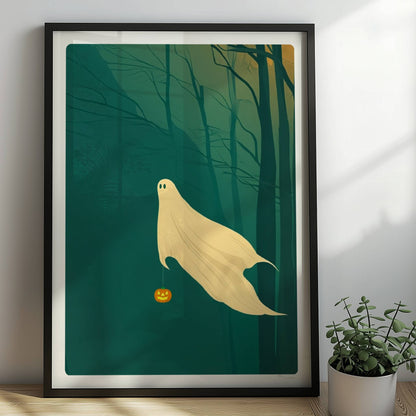 Ein kleines Geistwesen gleitet durch einen dunklen, nebeligen Wald mit einem Kürbis in der Hand.. Rahmen schwarz 50x70
