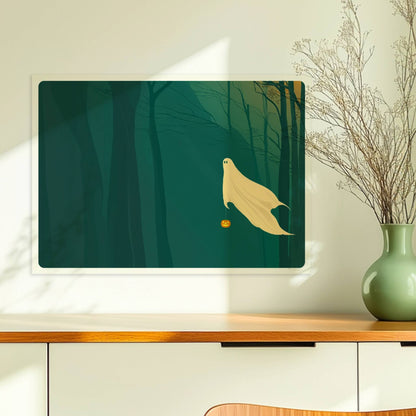 Ein kleines Geistwesen gleitet durch einen dunklen, nebeligen Wald mit einem Kürbis in der Hand.. Ohne Rahmen 70x50