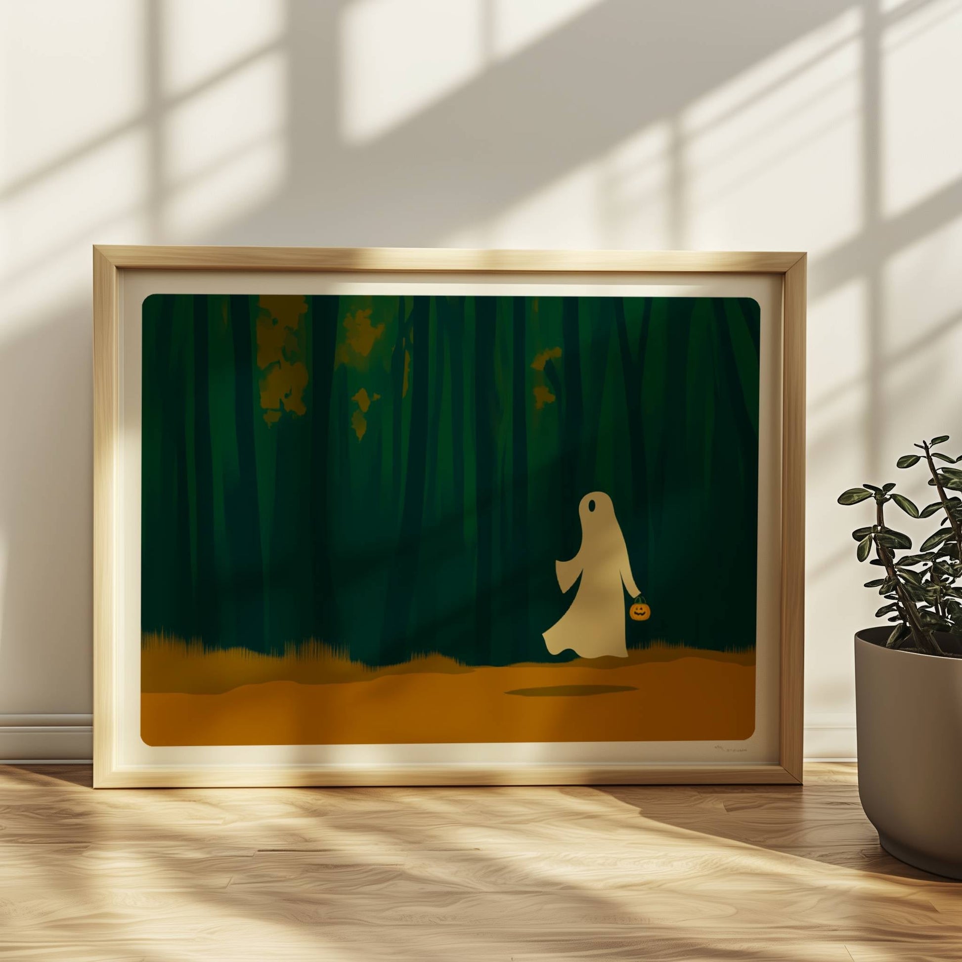 Ein weißes Wesen wandert alleine durch einen dichten, dunklen Wald – ruhig und geheimnisvoll.. Rahmen natur 40x30