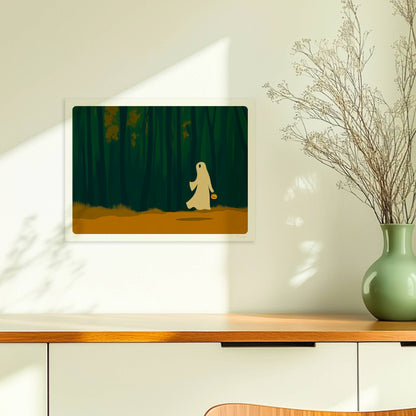 Ein weißes Wesen wandert alleine durch einen dichten, dunklen Wald – ruhig und geheimnisvoll.. Ohne Rahmen 40x30