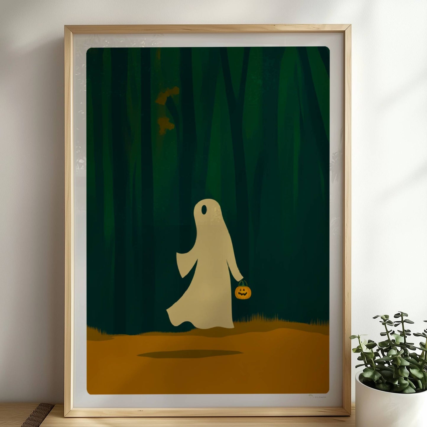 Ein weißes Wesen wandert alleine durch einen dichten, dunklen Wald – ruhig und geheimnisvoll.. Rahmen natur 50x70