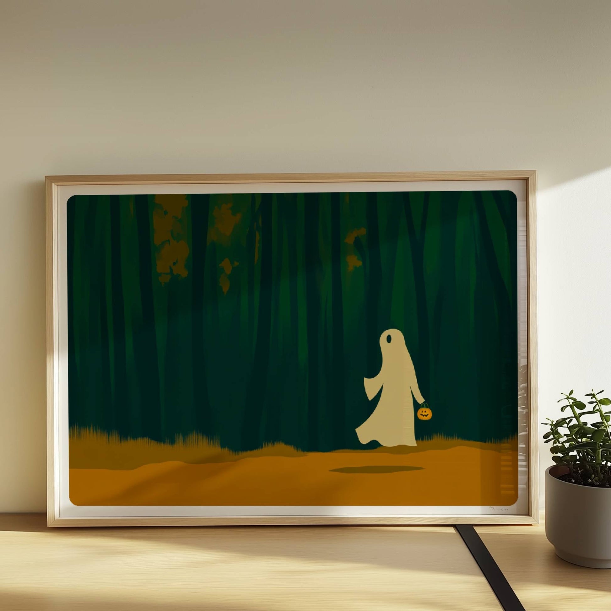 Ein weißes Wesen wandert alleine durch einen dichten, dunklen Wald – ruhig und geheimnisvoll.. Rahmen natur 70x50