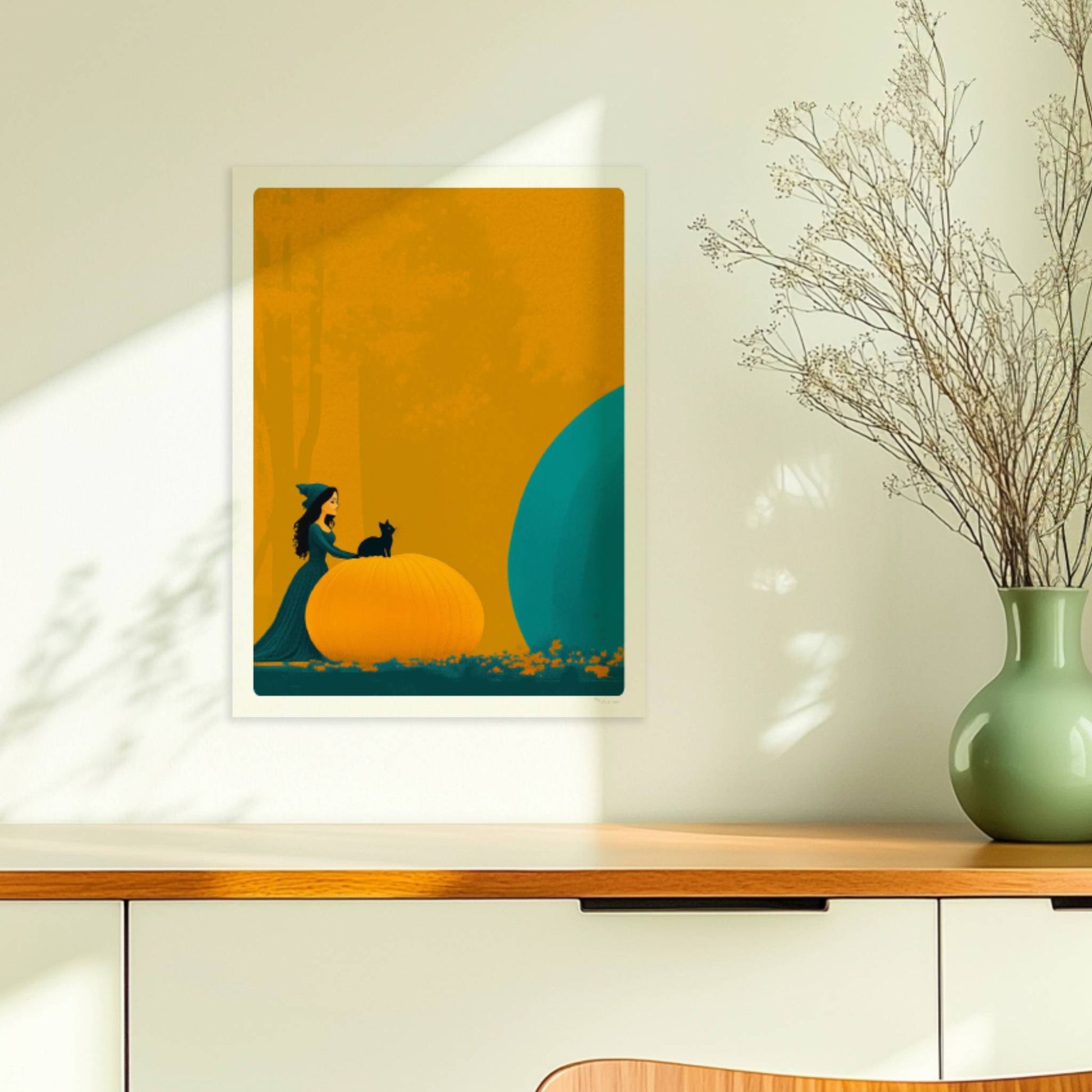 Kleine Hexe betrachtet einen riesigen blauen Kürbis in einer minimalistischen Halloween-Szene.. Ohne Rahmen 30x40