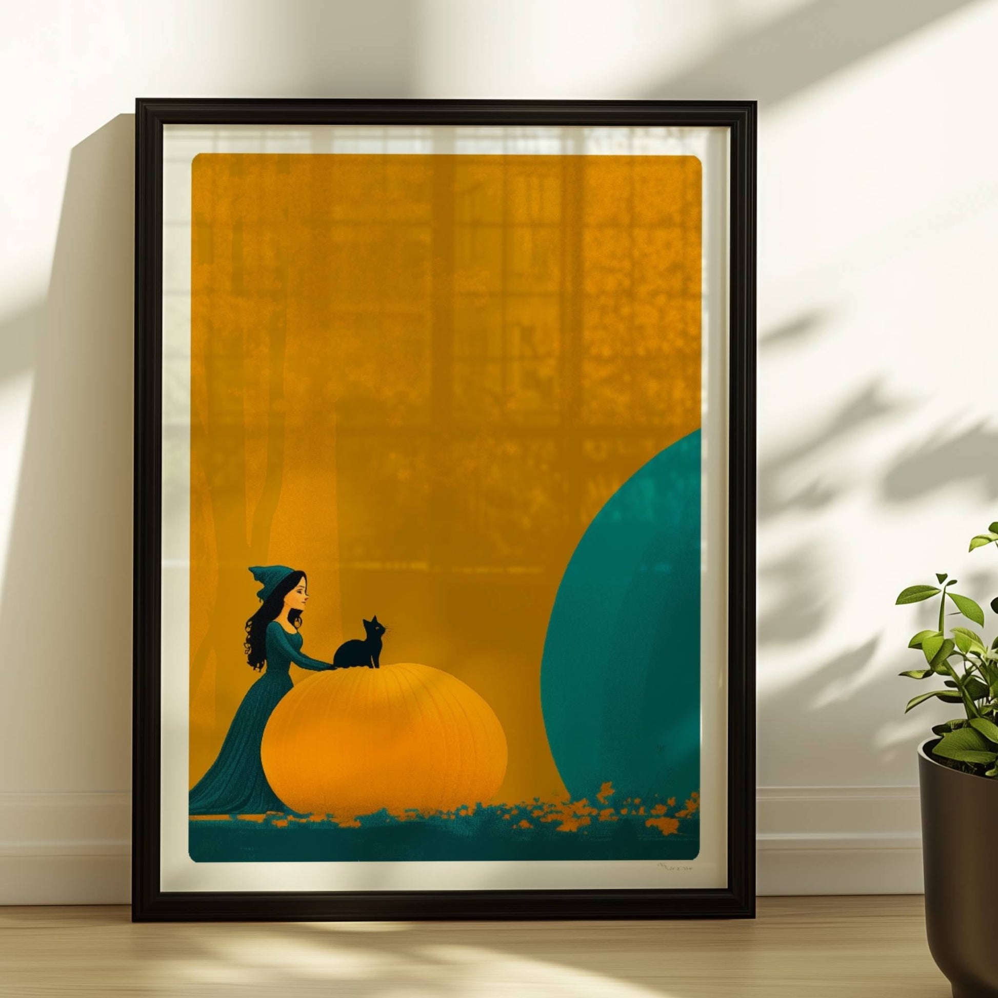 Kleine Hexe betrachtet einen riesigen blauen Kürbis in einer minimalistischen Halloween-Szene.. Rahmen schwarz 30x40