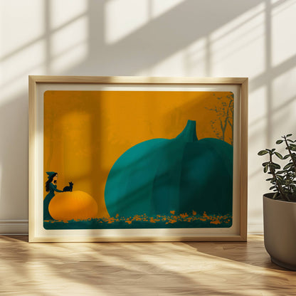 Kleine Hexe betrachtet einen riesigen blauen Kürbis in einer minimalistischen Halloween-Szene.. Rahmen natur 40x30