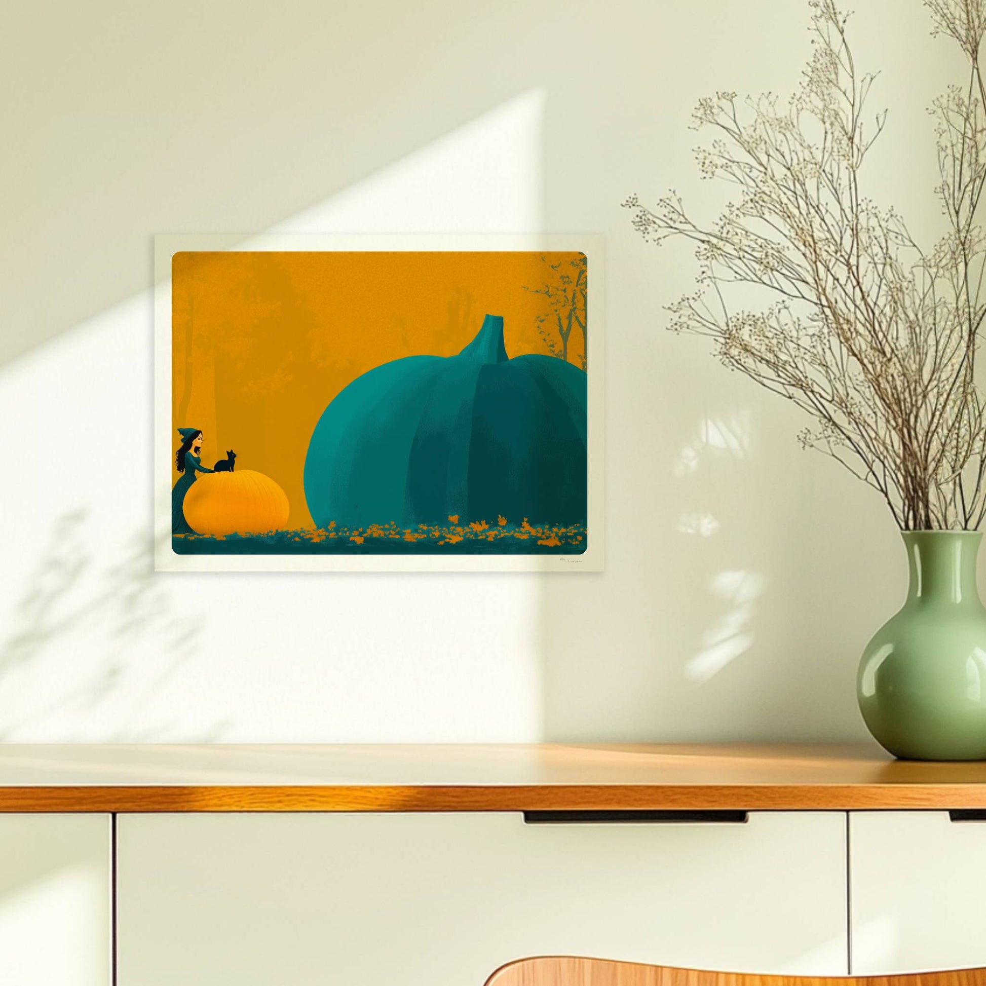 Kleine Hexe betrachtet einen riesigen blauen Kürbis in einer minimalistischen Halloween-Szene.. Ohne Rahmen 40x30