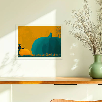 Kleine Hexe betrachtet einen riesigen blauen Kürbis in einer minimalistischen Halloween-Szene.. Ohne Rahmen 40x30