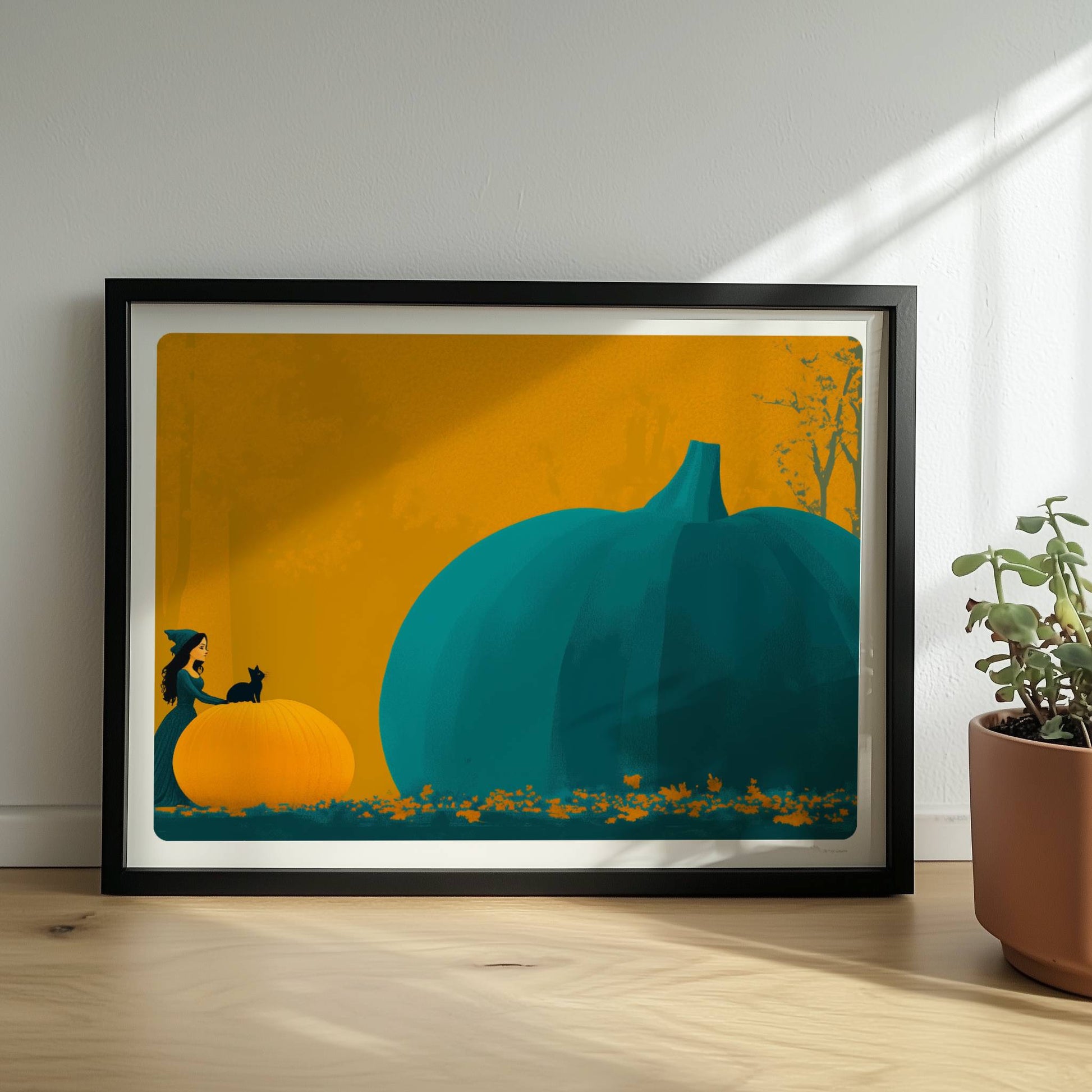 Kleine Hexe betrachtet einen riesigen blauen Kürbis in einer minimalistischen Halloween-Szene.. Rahmen schwarz 40x30