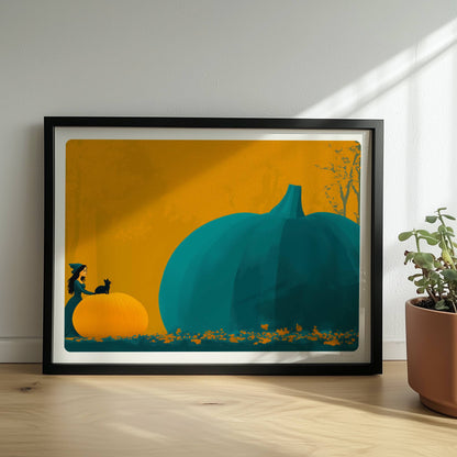 Kleine Hexe betrachtet einen riesigen blauen Kürbis in einer minimalistischen Halloween-Szene.. Rahmen schwarz 40x30