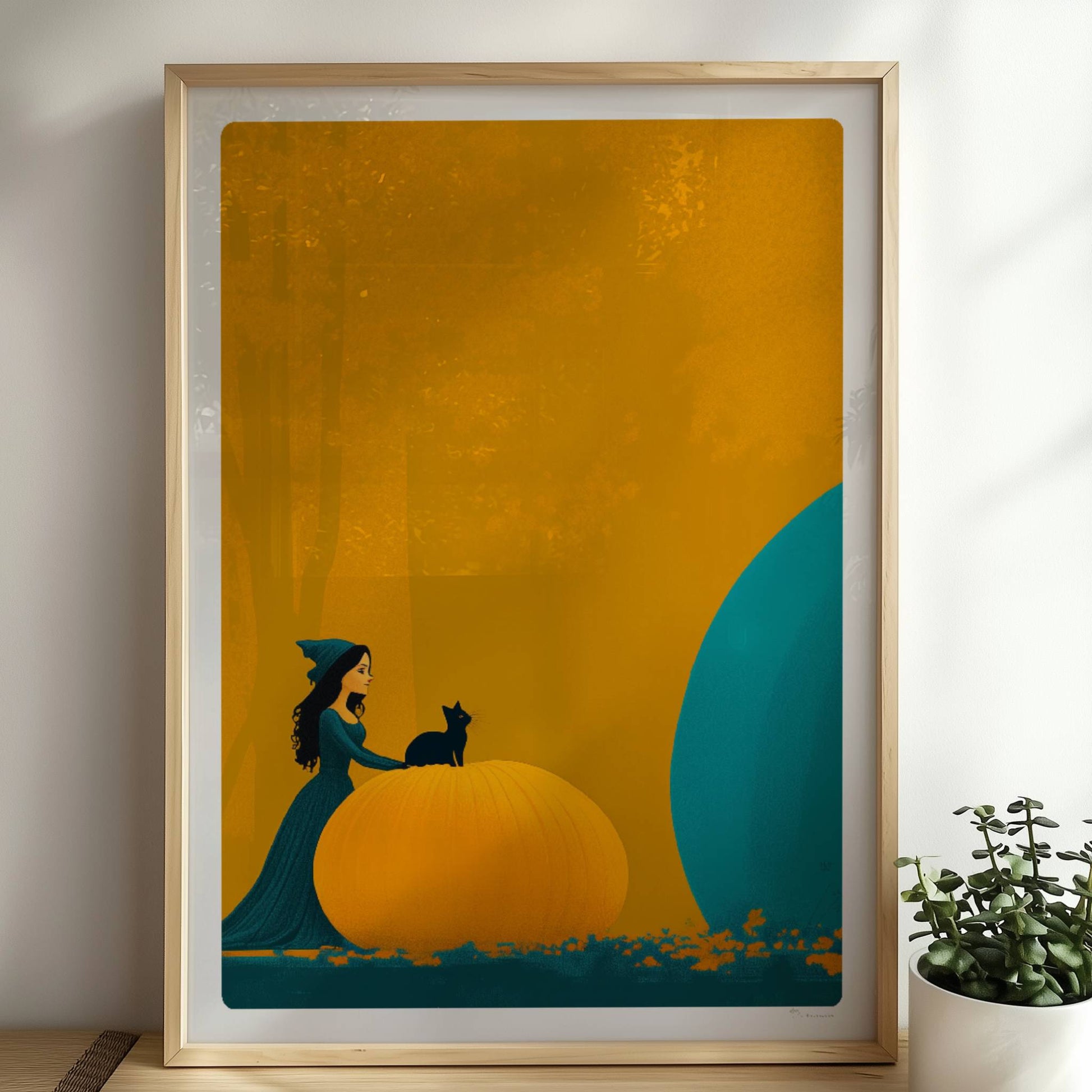 Kleine Hexe betrachtet einen riesigen blauen Kürbis in einer minimalistischen Halloween-Szene.. Rahmen natur 50x70