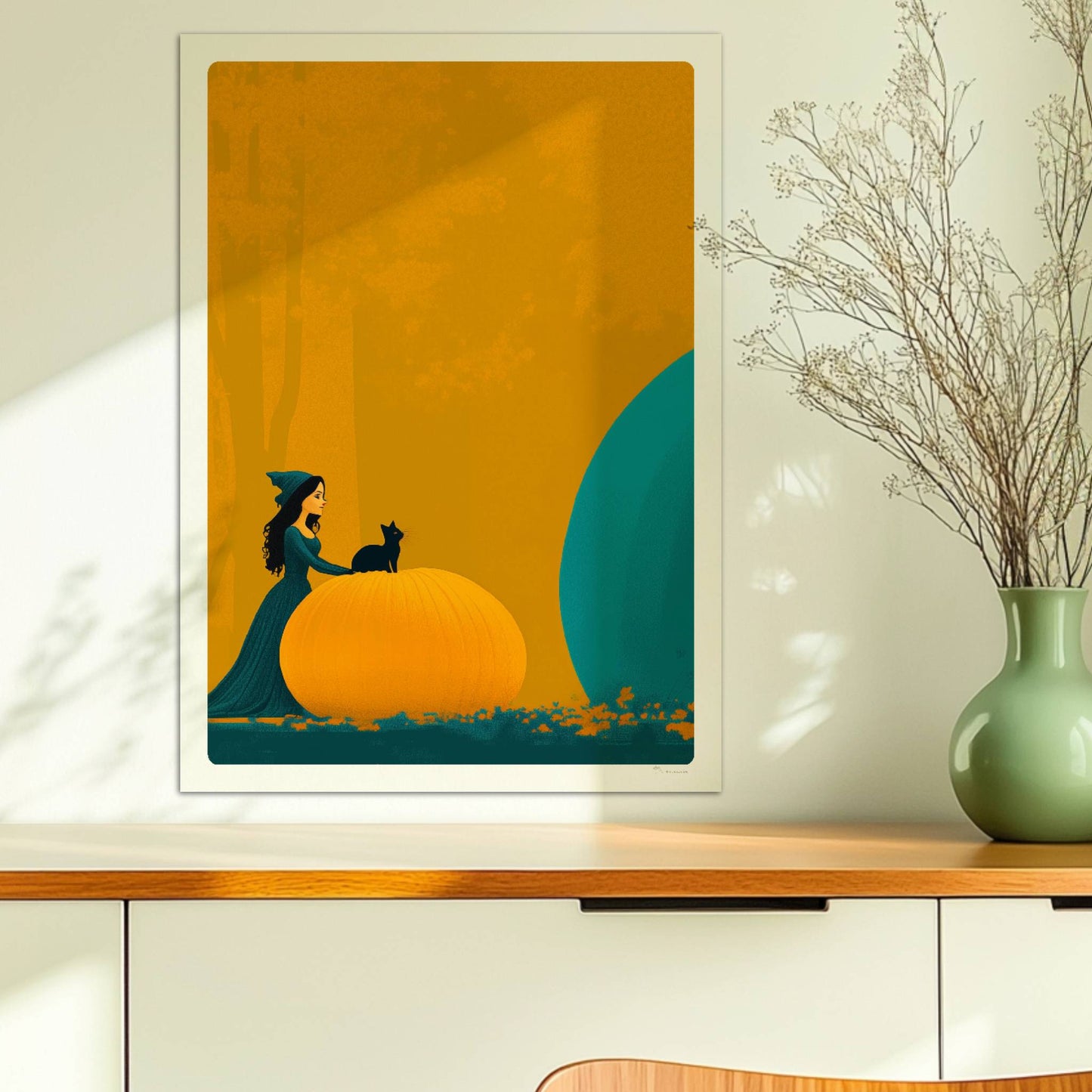 Kleine Hexe betrachtet einen riesigen blauen Kürbis in einer minimalistischen Halloween-Szene.. Ohne Rahmen 50x70