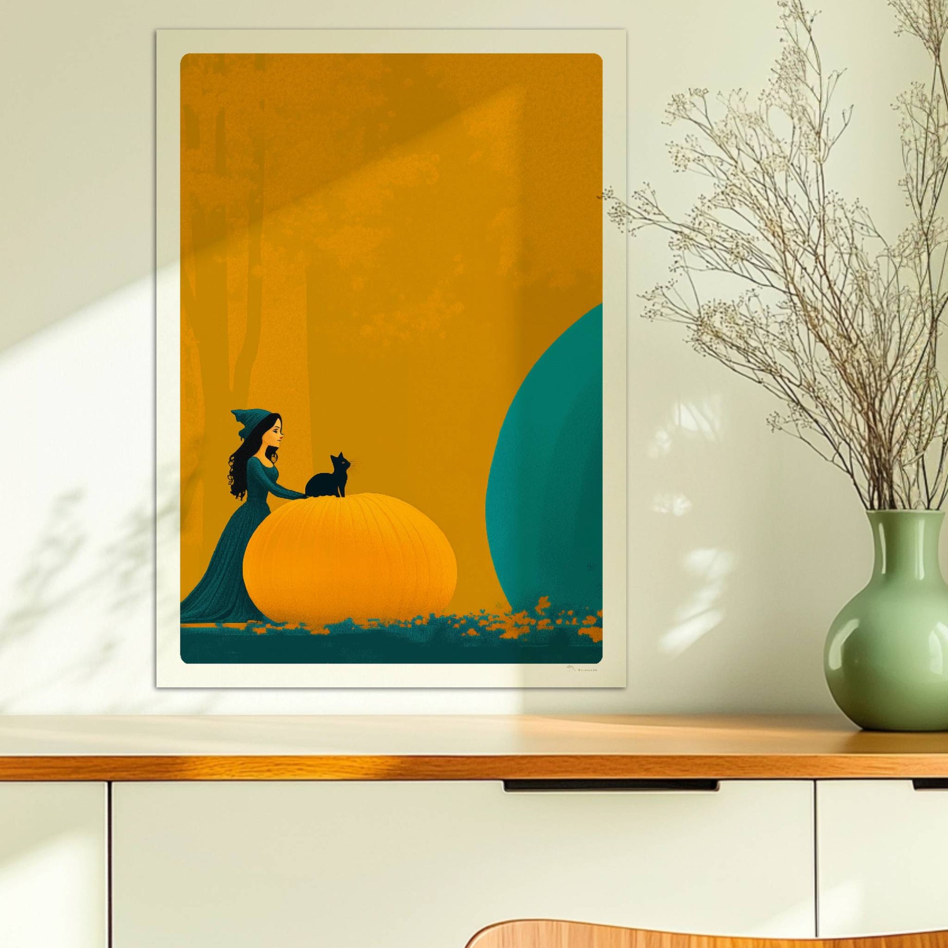 Kleine Hexe betrachtet einen riesigen blauen Kürbis in einer minimalistischen Halloween-Szene.. Ohne Rahmen 50x70