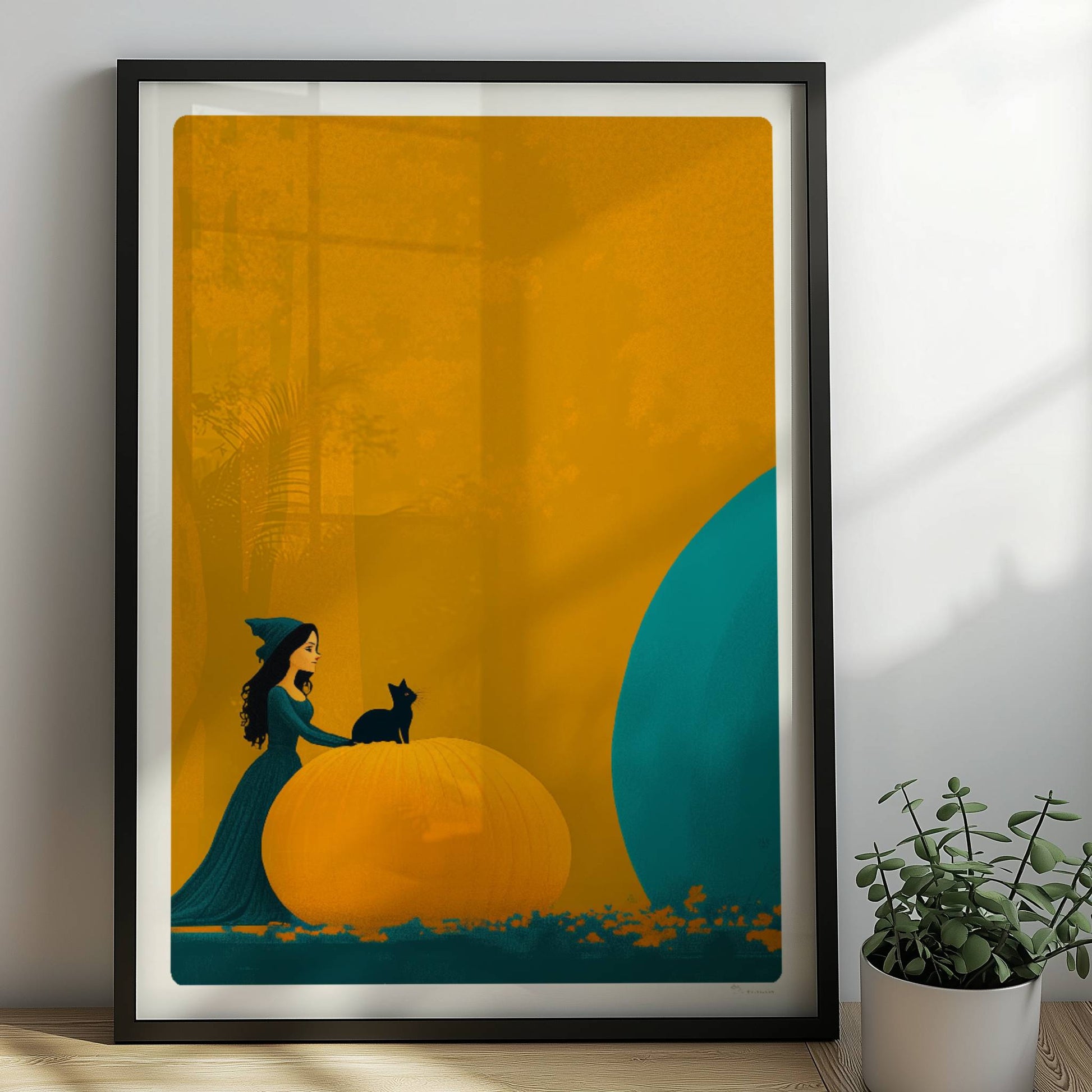 Kleine Hexe betrachtet einen riesigen blauen Kürbis in einer minimalistischen Halloween-Szene.. Rahmen schwarz 50x70