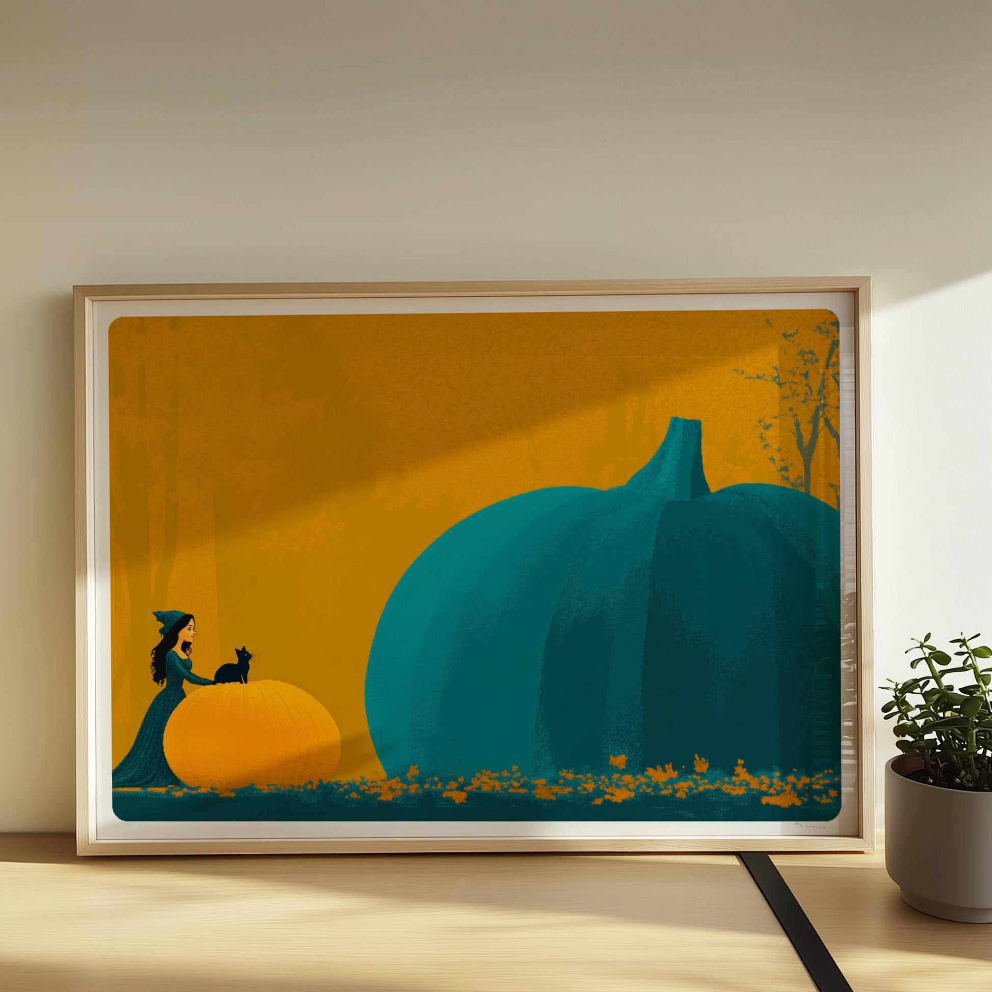 Kleine Hexe betrachtet einen riesigen blauen Kürbis in einer minimalistischen Halloween-Szene.. Rahmen natur 70x50