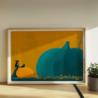 Kleine Hexe betrachtet einen riesigen blauen Kürbis in einer minimalistischen Halloween-Szene.. Rahmen natur 70x50