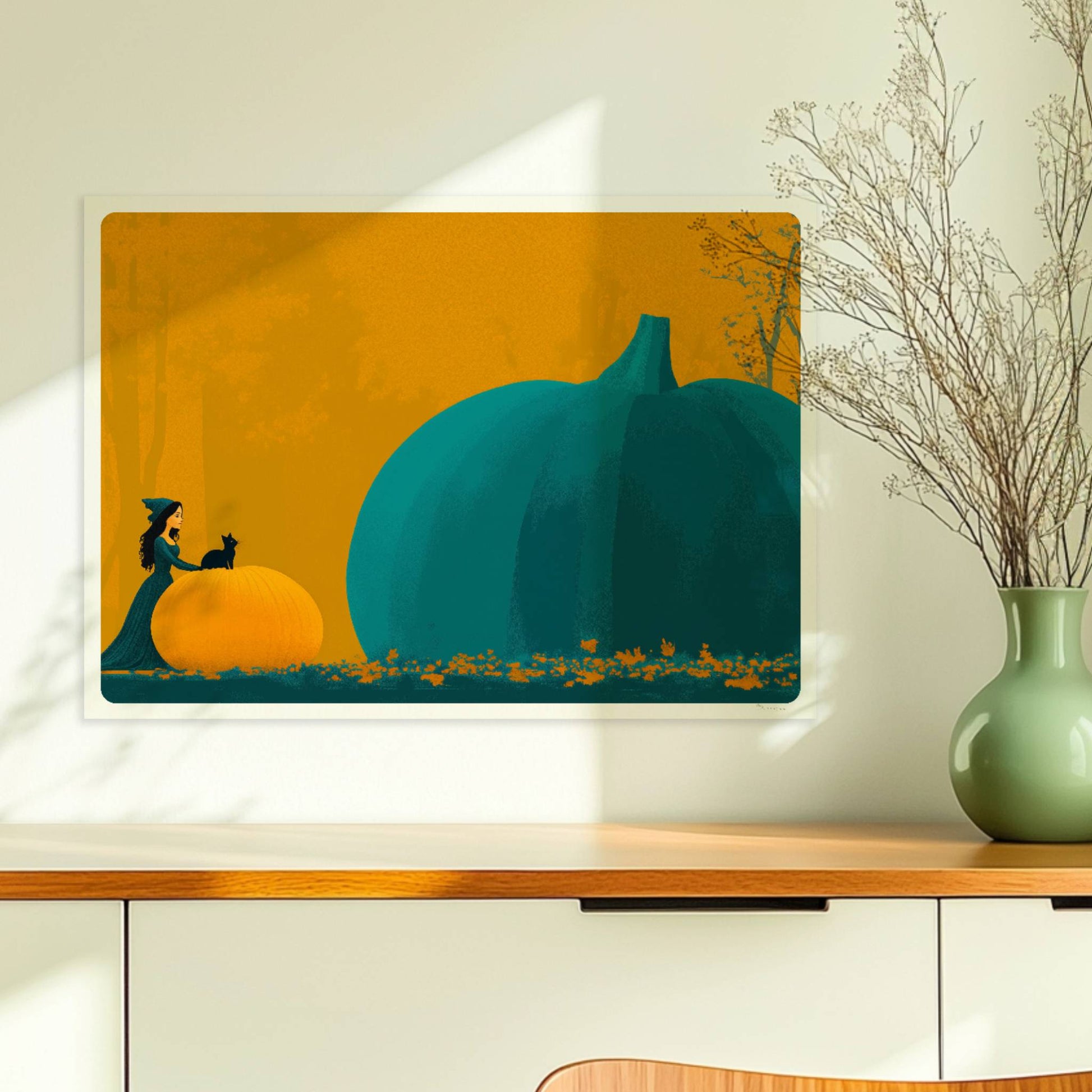 Kleine Hexe betrachtet einen riesigen blauen Kürbis in einer minimalistischen Halloween-Szene.. Ohne Rahmen 70x50