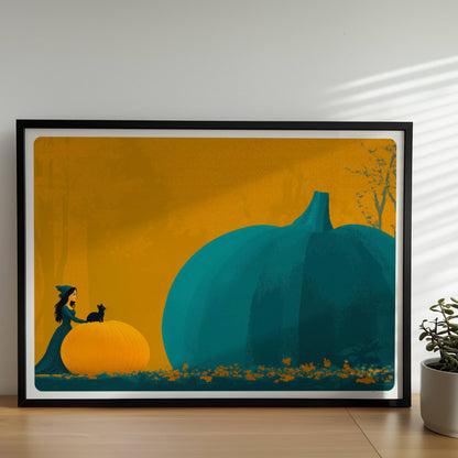 Kleine Hexe betrachtet einen riesigen blauen Kürbis in einer minimalistischen Halloween-Szene.. Rahmen schwarz 70x50