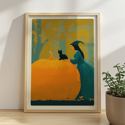 Hexe mit langem Umhang sitzt auf einem großen Kürbis im goldenen Herbstwald.. Rahmen natur 30x40