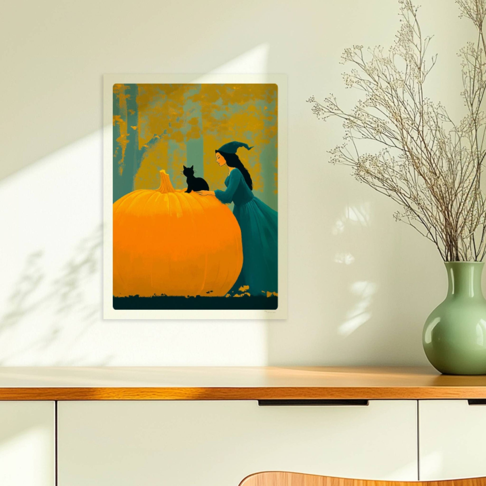 Hexe mit langem Umhang sitzt auf einem großen Kürbis im goldenen Herbstwald.. Ohne Rahmen 30x40