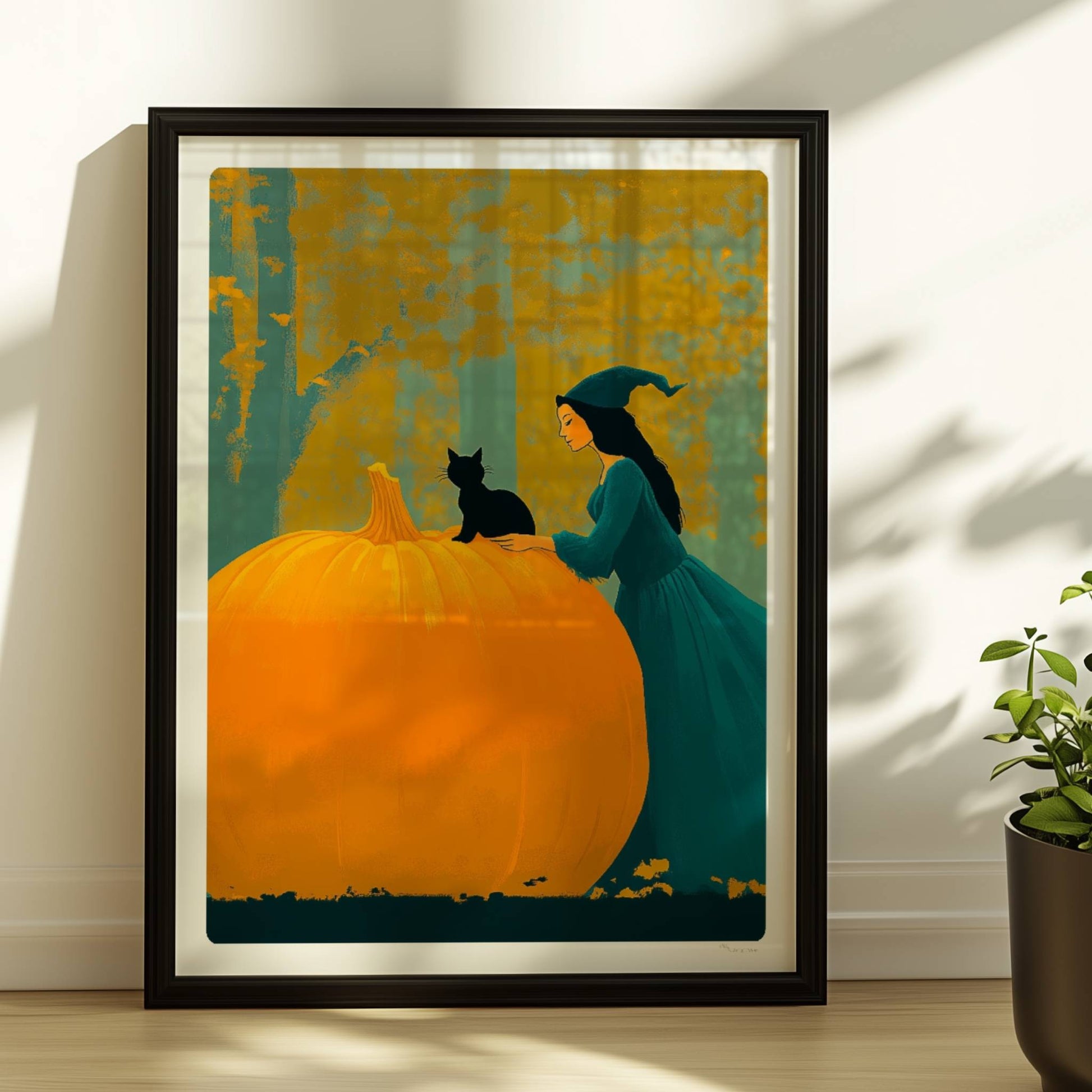 Hexe mit langem Umhang sitzt auf einem großen Kürbis im goldenen Herbstwald.. Rahmen schwarz 30x40
