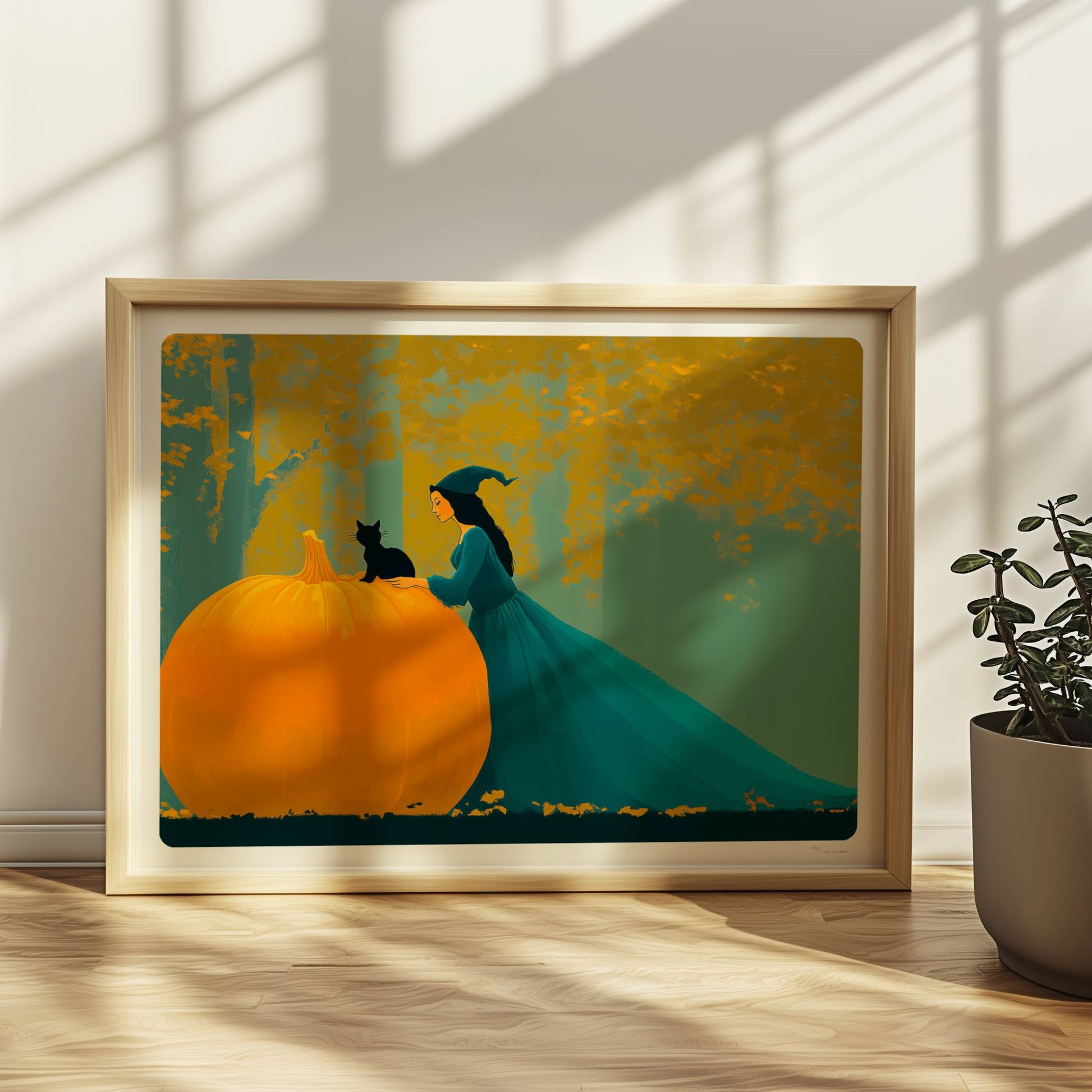 Hexe mit langem Umhang sitzt auf einem großen Kürbis im goldenen Herbstwald.. Rahmen natur 40x30