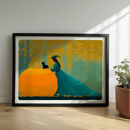 Hexe mit langem Umhang sitzt auf einem großen Kürbis im goldenen Herbstwald.. Rahmen schwarz 40x30