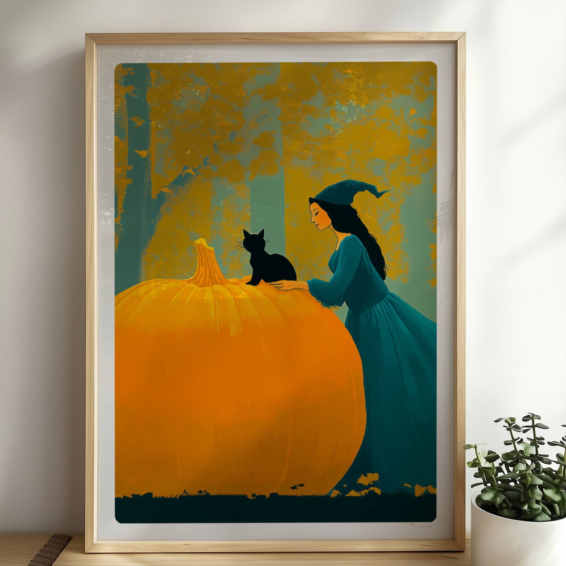 Hexe mit langem Umhang sitzt auf einem großen Kürbis im goldenen Herbstwald.. Rahmen natur 50x70