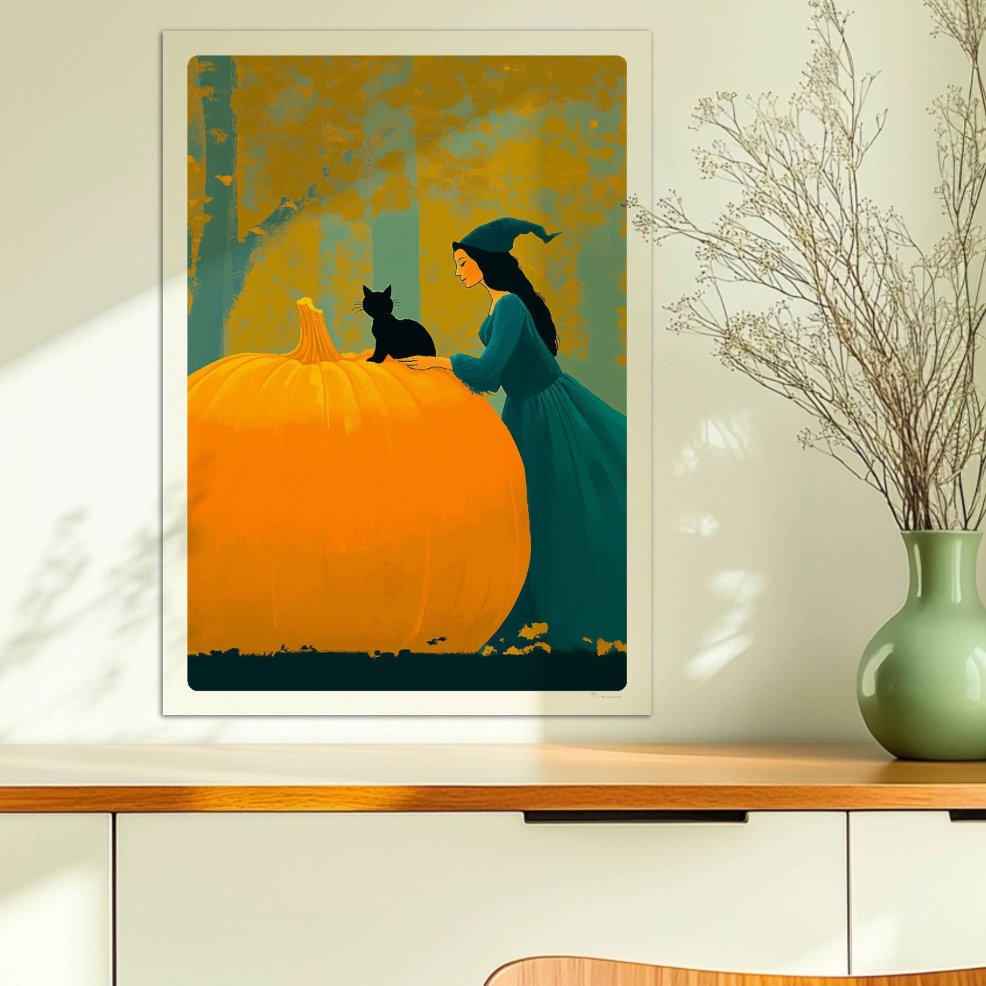 Hexe mit langem Umhang sitzt auf einem großen Kürbis im goldenen Herbstwald.. Ohne Rahmen 50x70