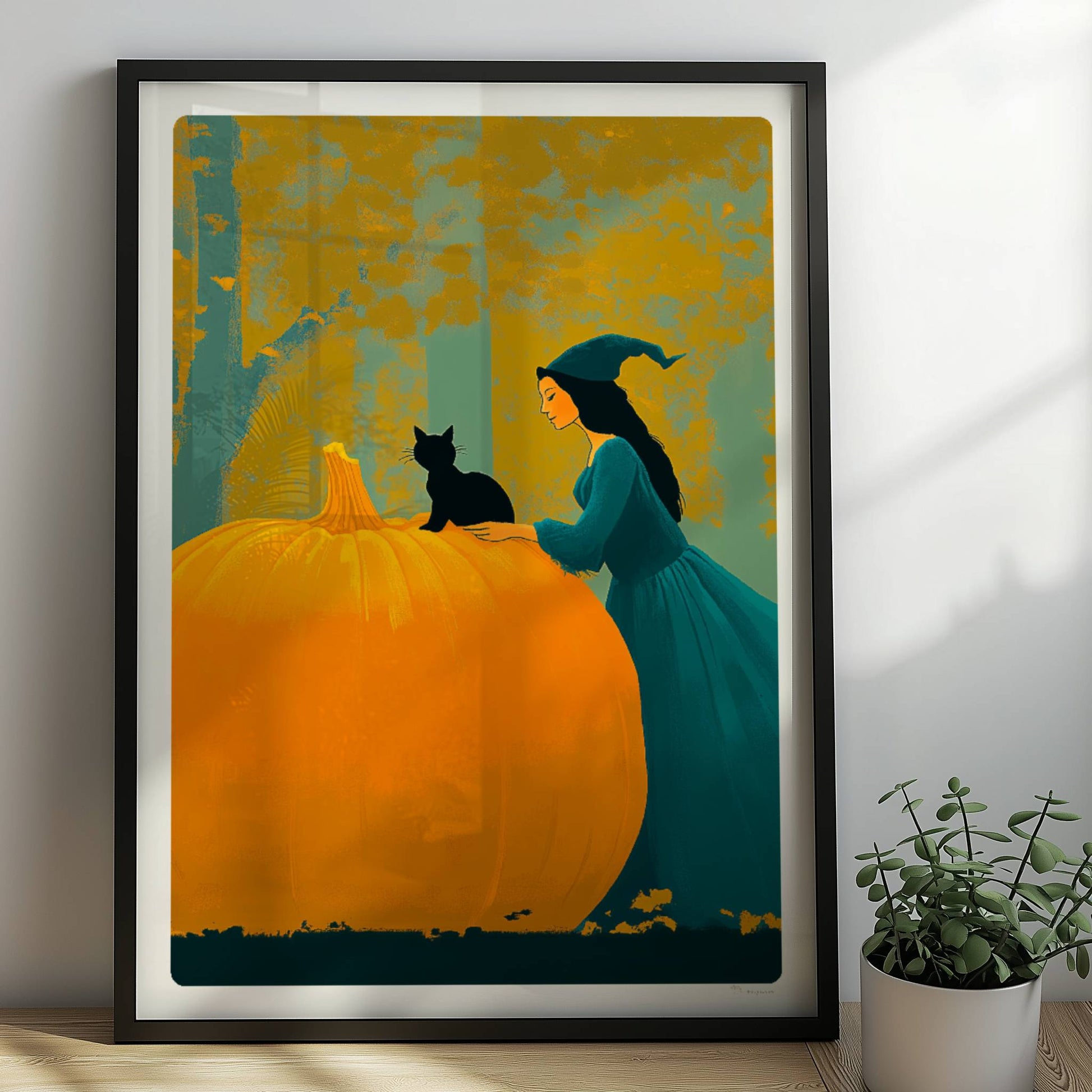 Hexe mit langem Umhang sitzt auf einem großen Kürbis im goldenen Herbstwald.. Rahmen schwarz 50x70