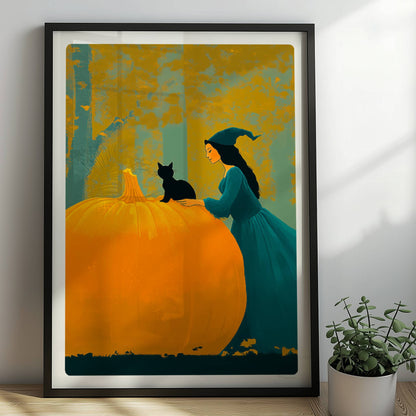 Hexe mit langem Umhang sitzt auf einem großen Kürbis im goldenen Herbstwald.. Rahmen schwarz 50x70