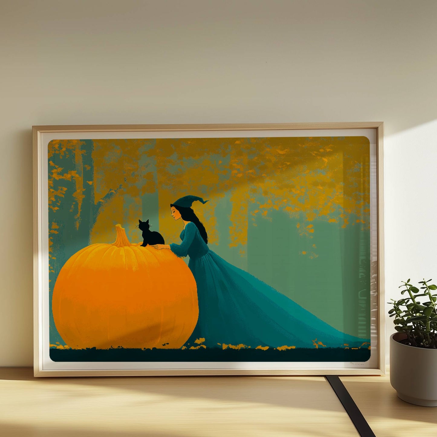 Hexe mit langem Umhang sitzt auf einem großen Kürbis im goldenen Herbstwald.. Rahmen natur 70x50