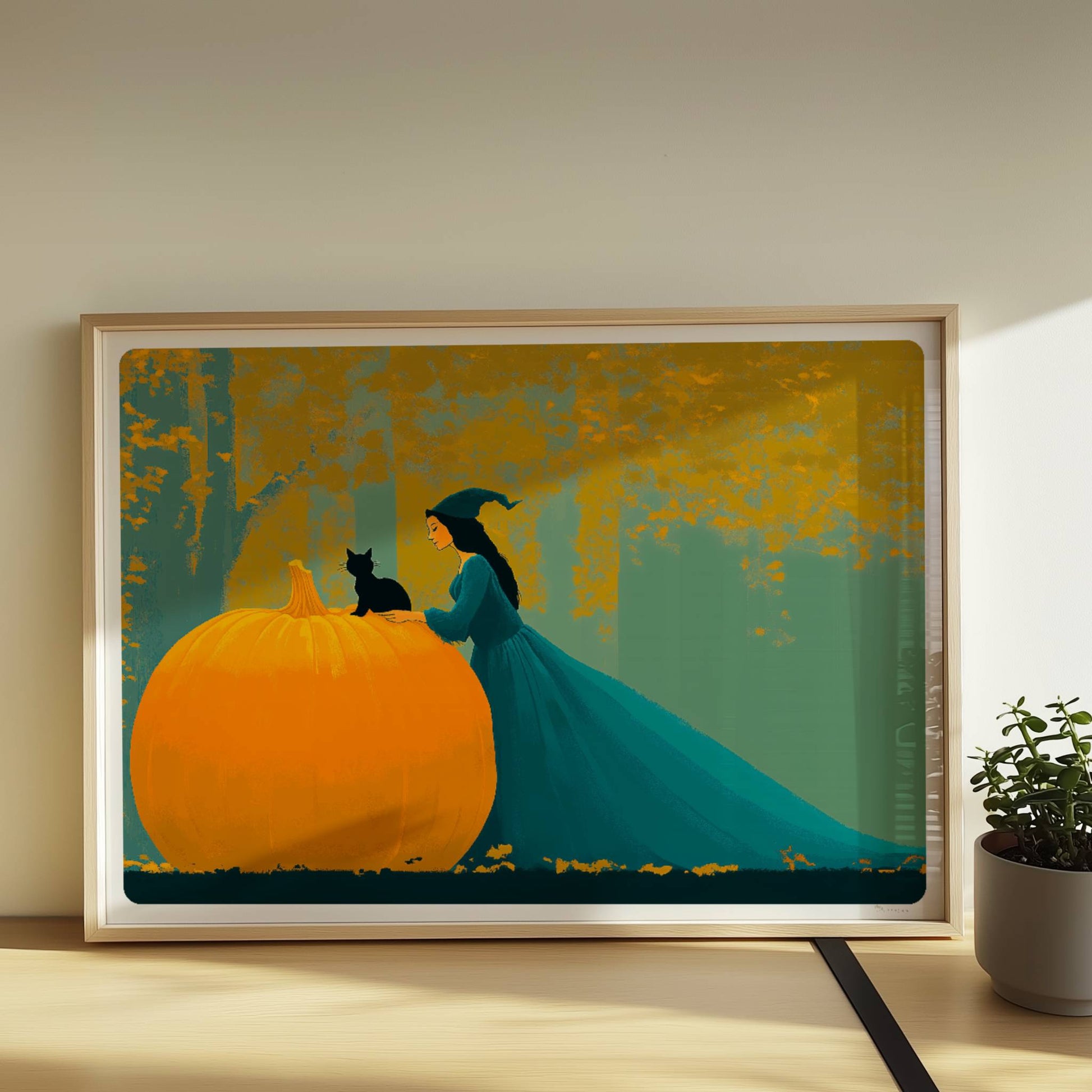 Hexe mit langem Umhang sitzt auf einem großen Kürbis im goldenen Herbstwald.. Rahmen natur 70x50