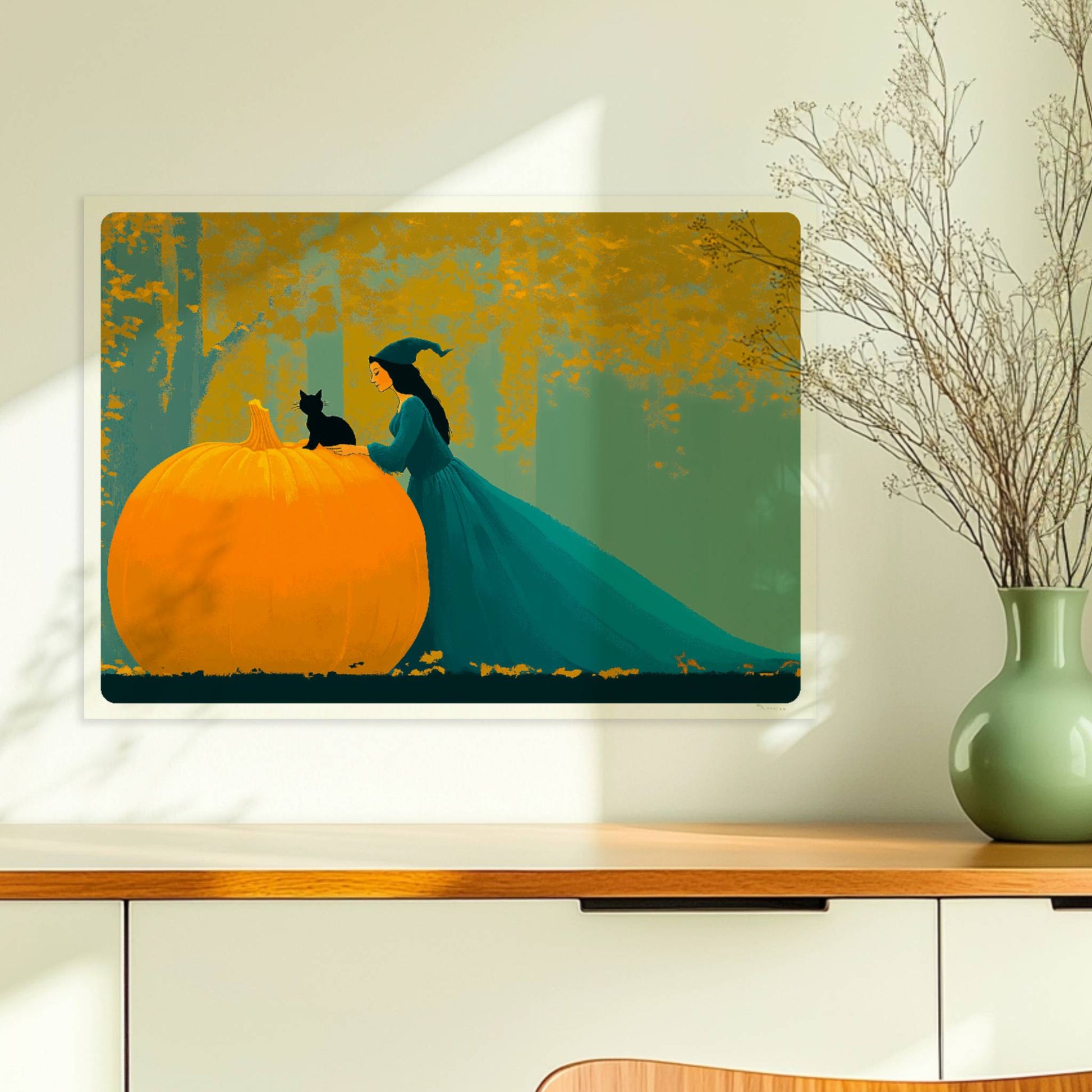 Hexe mit langem Umhang sitzt auf einem großen Kürbis im goldenen Herbstwald.. Ohne Rahmen 70x50