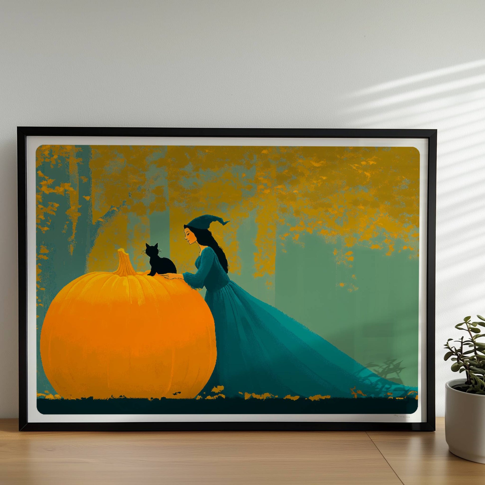 Hexe mit langem Umhang sitzt auf einem großen Kürbis im goldenen Herbstwald.. Rahmen schwarz 70x50