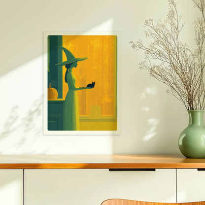 Hexe steht in orangefarbenem Licht mit ausgestreckter Hand, minimalistisch und geheimnisvoll.. Ohne Rahmen 30x40