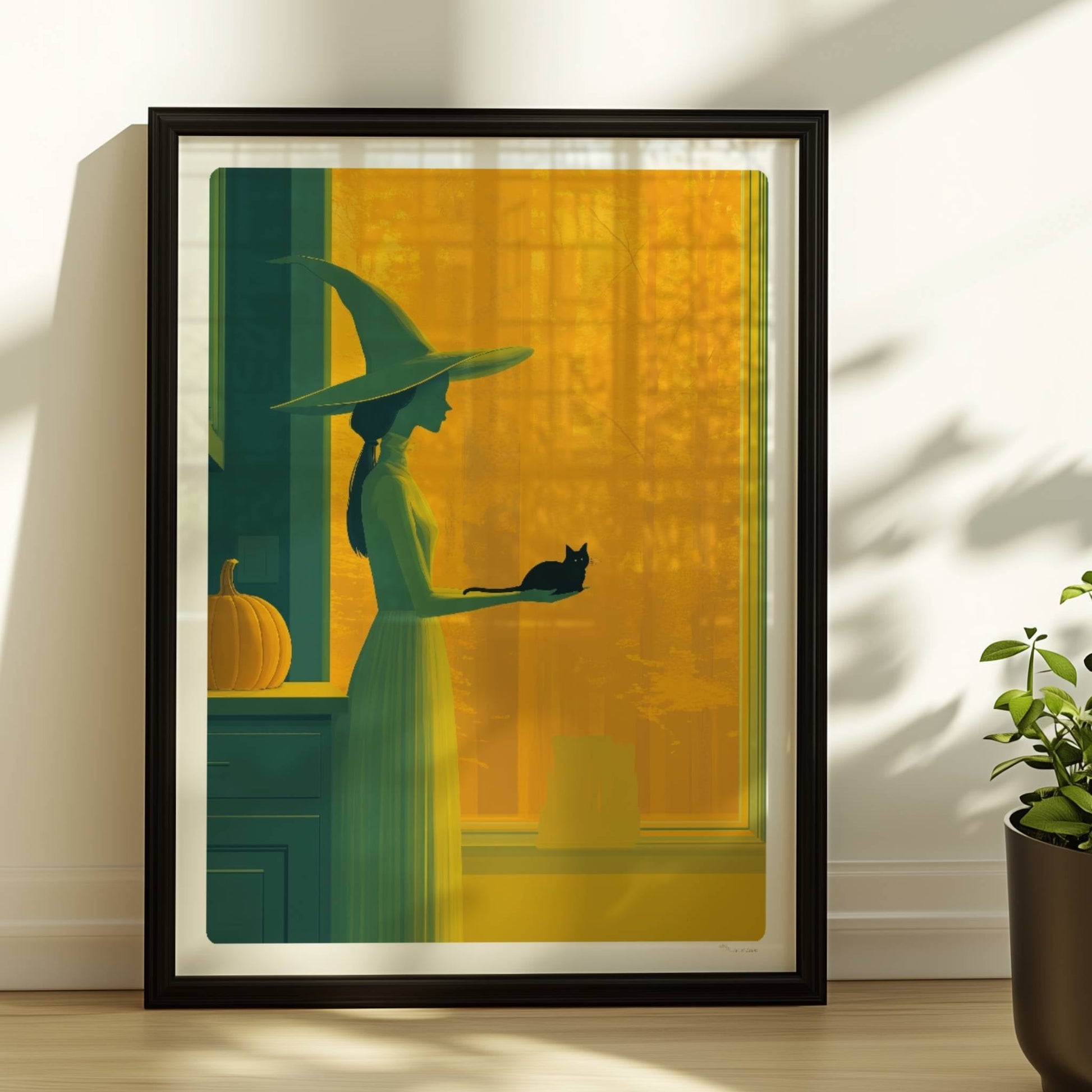 Hexe steht in orangefarbenem Licht mit ausgestreckter Hand, minimalistisch und geheimnisvoll.. Rahmen schwarz 30x40