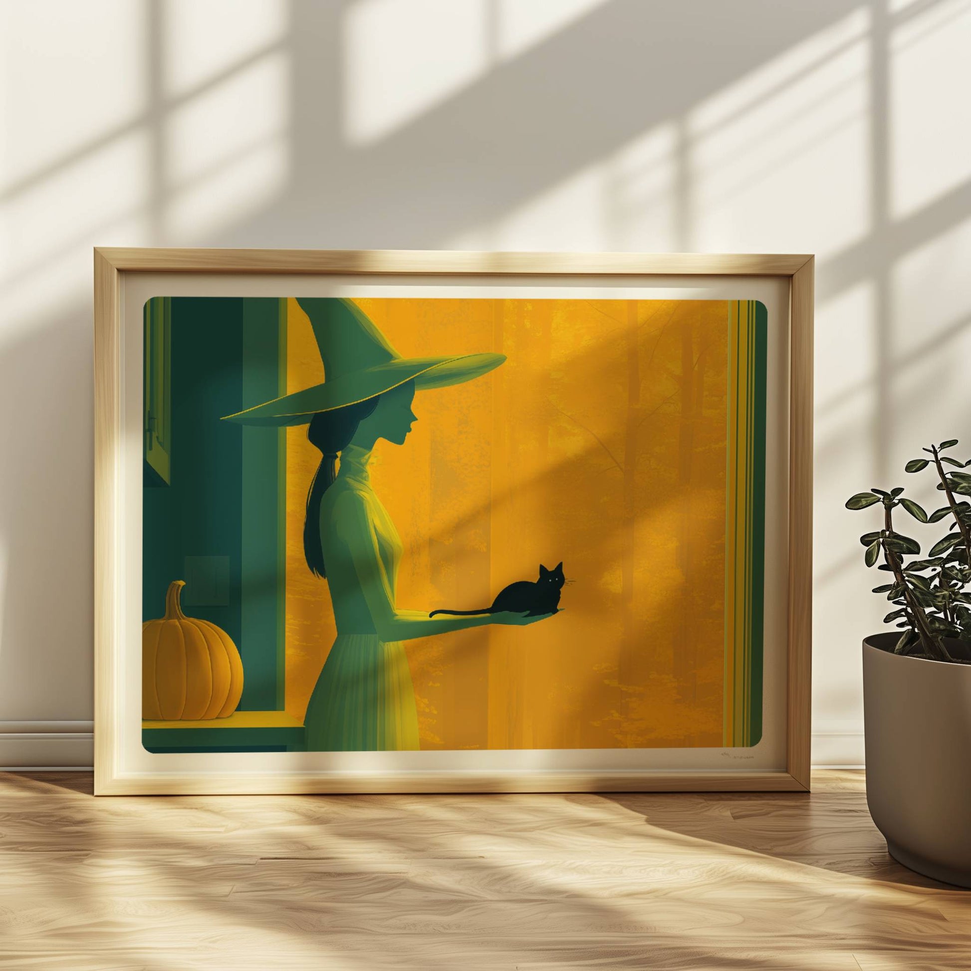 Hexe steht in orangefarbenem Licht mit ausgestreckter Hand, minimalistisch und geheimnisvoll.. Rahmen natur 40x30